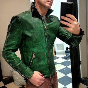 1mm Emerald Green Multi Tone Scarstitch Oiled Pull Up High Neck Leather Jacket